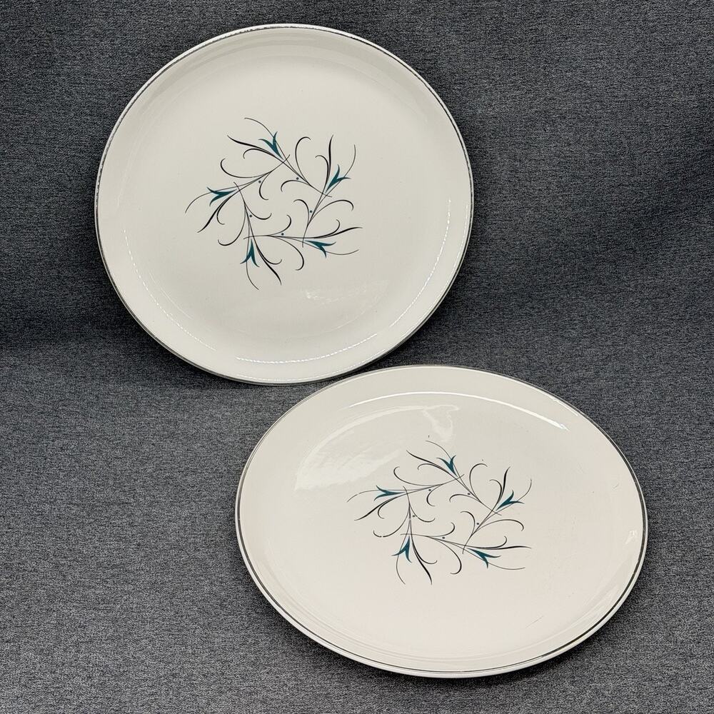 2pc Vintage Salem China Simplicity Dinner Plates Mid Century Platinum Rim 10"